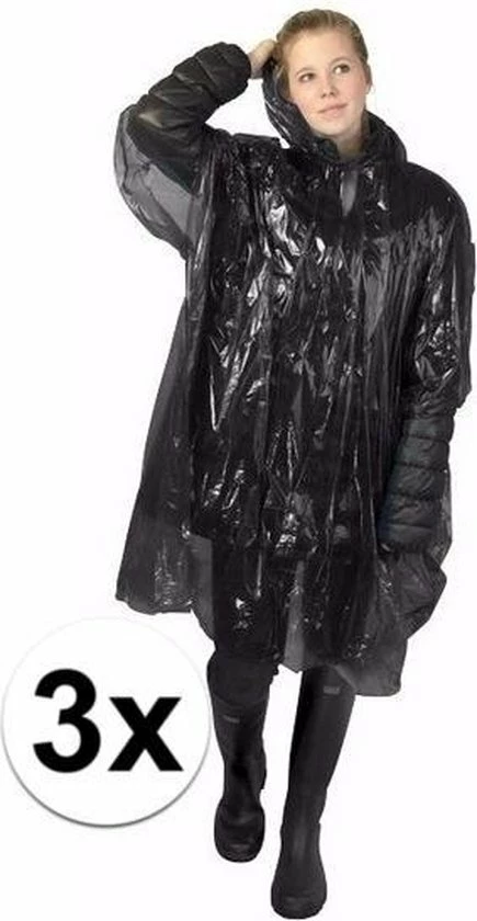 Merkloos 3x Wegwerp Regenponcho Zwart 5 Merkloos 3x Wegwerp Regenponcho Zwart - Afbeelding 3