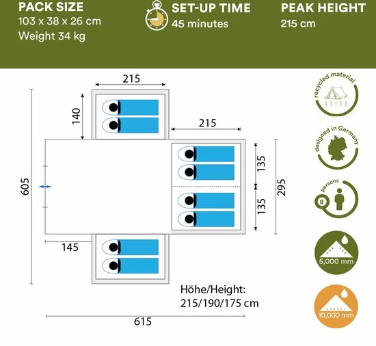 Skandika Nimbus 8 Tent – Tenten – Familietent - Campingtent – Voor 8 Personen – Koepeltent – Muggengaas – 3 Zwarte Slaapcabines - 215 Cm Stahoogte – 615 X 605 X 215 Cm (LxBxH) – 5000 Mm Waterkolom – Outdoor, Camping, Tuin – Kamperen – Blauw/wit 7 Skandika Nimbus 8 Tent – Tenten – Familietent - Campingtent – Voor 8 Personen – Koepeltent – Muggengaas – 3 Zwarte Slaapcabines - 215 Cm Stahoogte – 615 X 605 X 215 Cm (LxBxH) – 5000 Mm Waterkolom – Outdoor, Camping, Tuin – Kamperen – Blauw/wit - Afbeelding 5
