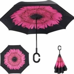 Merkloos Smartplu - Grote Storm Paraplu - Zwart Met Roze Bloem. De Omkeerbare Innovatieve, Ergonomische Stormparaplu - 105cm -12288-G