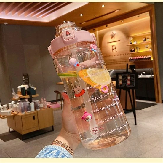 Loushi Drinkfles -2L Grote Capaciteit Waterfles Stro Cup Hoge Temperatuur Plastic Water Cup Tijd Schaal Frosted Outdoor Sport Student Paar Cup 3 Loushi Drinkfles -2L Grote Capaciteit Waterfles Stro Cup Hoge Temperatuur Plastic Water Cup Tijd Schaal Frosted Outdoor Sport Student Paar Cup