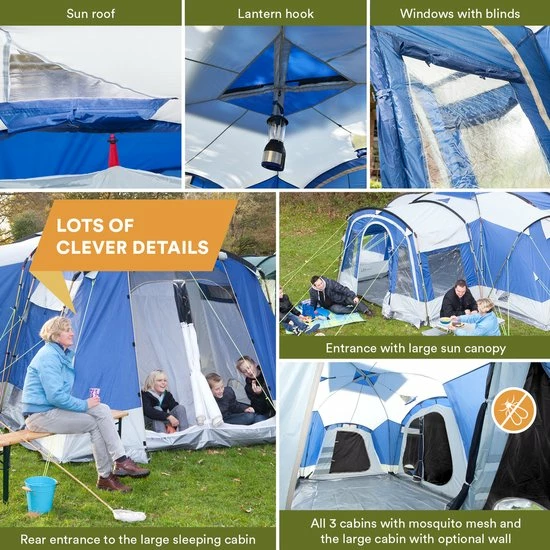 Skandika Nimbus 8 Tent – Tenten – Familietent - Campingtent – Voor 8 Personen – Koepeltent – Muggengaas – 3 Zwarte Slaapcabines - 215 Cm Stahoogte – 615 X 605 X 215 Cm (LxBxH) – 5000 Mm Waterkolom – Outdoor, Camping, Tuin – Kamperen – Blauw/wit 4 Skandika Nimbus 8 Tent – Tenten – Familietent - Campingtent – Voor 8 Personen – Koepeltent – Muggengaas – 3 Zwarte Slaapcabines - 215 Cm Stahoogte – 615 X 605 X 215 Cm (LxBxH) – 5000 Mm Waterkolom – Outdoor, Camping, Tuin – Kamperen – Blauw/wit - Afbeelding 2