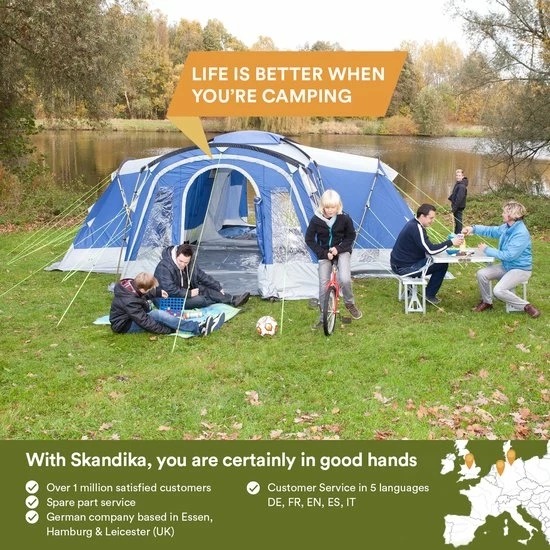 Skandika Nimbus 8 Tent – Tenten – Familietent - Campingtent – Voor 8 Personen – Koepeltent – Muggengaas – 3 Zwarte Slaapcabines - 215 Cm Stahoogte – 615 X 605 X 215 Cm (LxBxH) – 5000 Mm Waterkolom – Outdoor, Camping, Tuin – Kamperen – Blauw/wit 5 Skandika Nimbus 8 Tent – Tenten – Familietent - Campingtent – Voor 8 Personen – Koepeltent – Muggengaas – 3 Zwarte Slaapcabines - 215 Cm Stahoogte – 615 X 605 X 215 Cm (LxBxH) – 5000 Mm Waterkolom – Outdoor, Camping, Tuin – Kamperen – Blauw/wit - Afbeelding 3