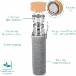 Navaris Glazen Theefles Met Filter - 500 Ml - Waterfles Van Glas - Dubbelwandige Drinkfles - Fles Met Bamboe Dop, Thee Infuser En Hoes - Indian Sun -Stroller shop 550x571 2