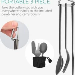 Navaris Campingbestek Van Titanium - Set Met Vork, Mes En Lepel - Bestekset Voor Onderweg En Op Reis - Inclusief Karabijnhaak En Bewaarzakje -Stroller shop 550x592 6