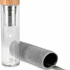 Navaris Glazen Theefles Met Filter - 500 Ml - Waterfles Van Glas - Dubbelwandige Drinkfles - Fles Met Bamboe Dop, Thee Infuser En Hoes - Indian Sun -Stroller shop 550x611 2