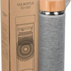 Navaris Glazen Theefles Met Filter - 500 Ml - Waterfles Van Glas - Dubbelwandige Drinkfles - Fles Met Bamboe Dop, Thee Infuser En Hoes - Indian Sun -Stroller shop 550x826